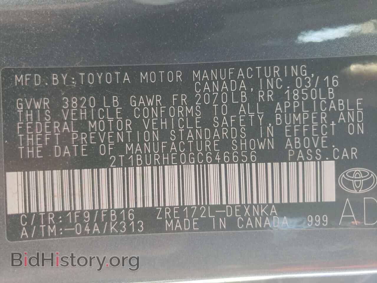 2016 TOYOTA COROLLA - VIN: 2T1BURHE0GC646656 - Фото 10