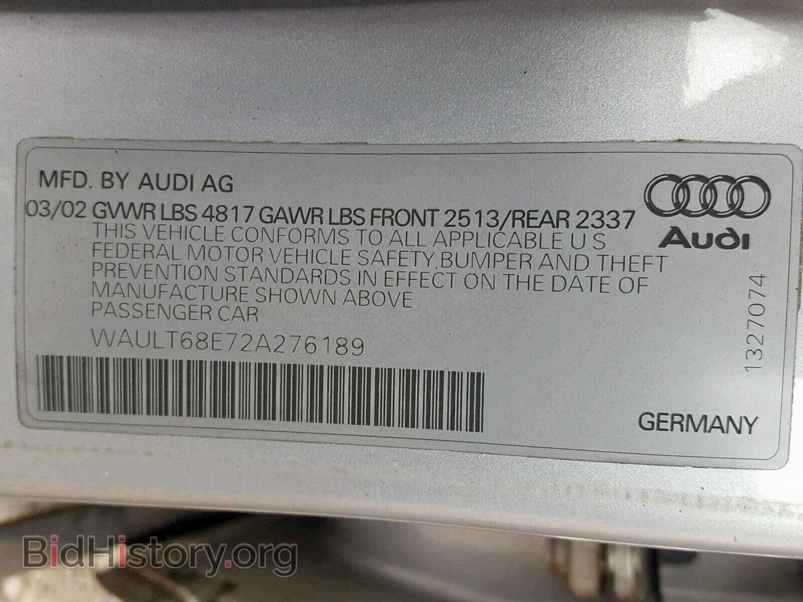 2002 AUDI A4 - VIN: WAULT68E72A276189 - Фото 10