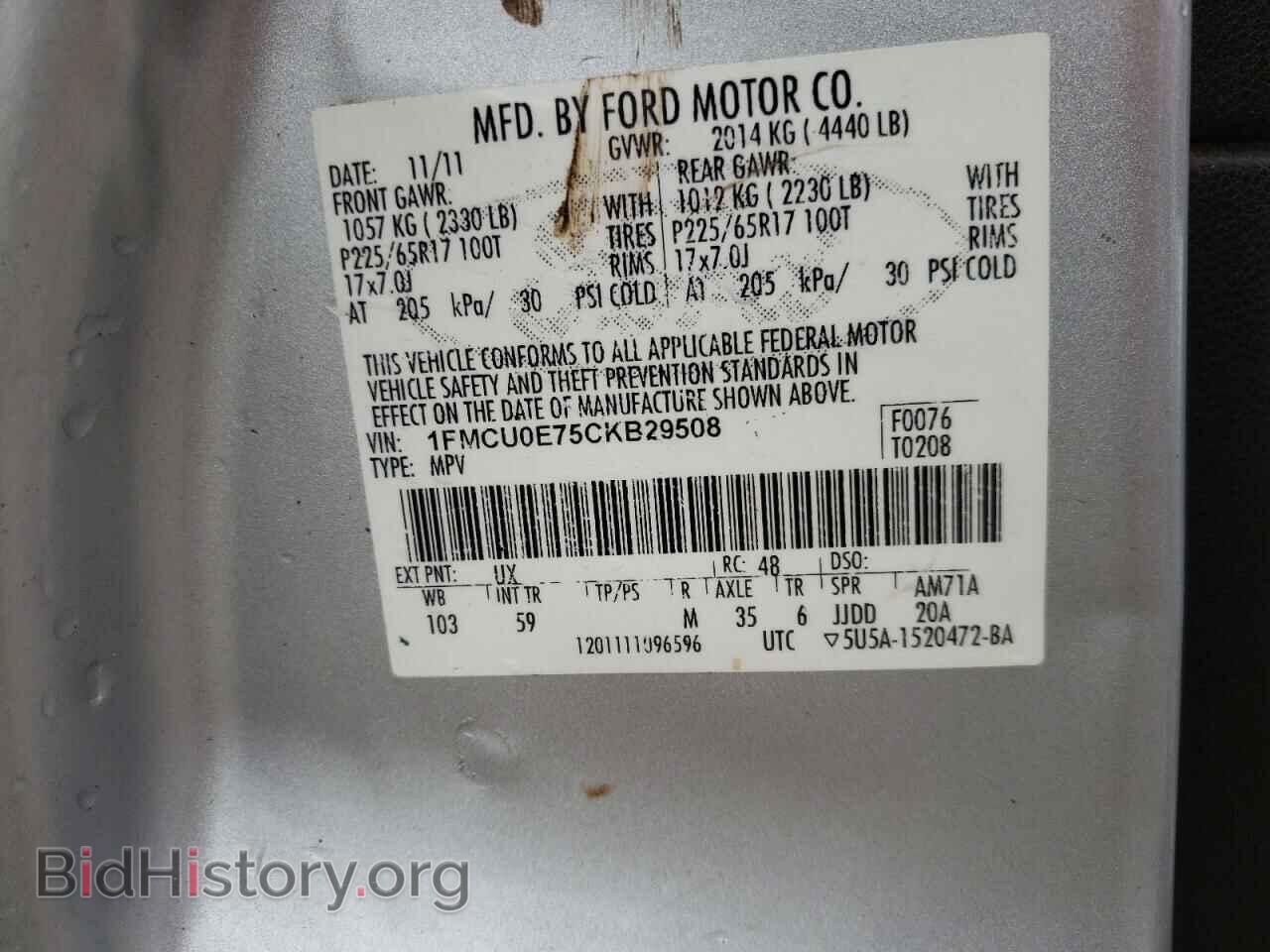 2012 FORD ESCAPE - VIN: 1FMCU0E75CKB29508 - Фото 10