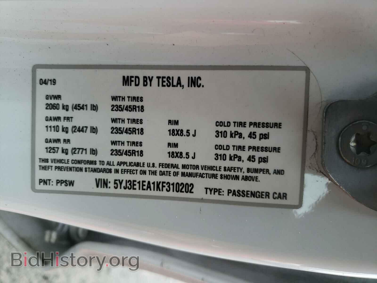 2019 TESLA MODEL 3 - VIN: 5YJ3E1EA1KF310202 - Photo 10