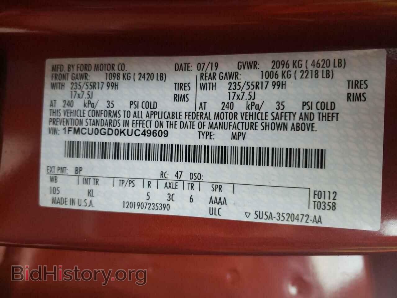 2019 FORD ESCAPE - VIN: 1FMCU0GD0KUC49609 - Фото 10