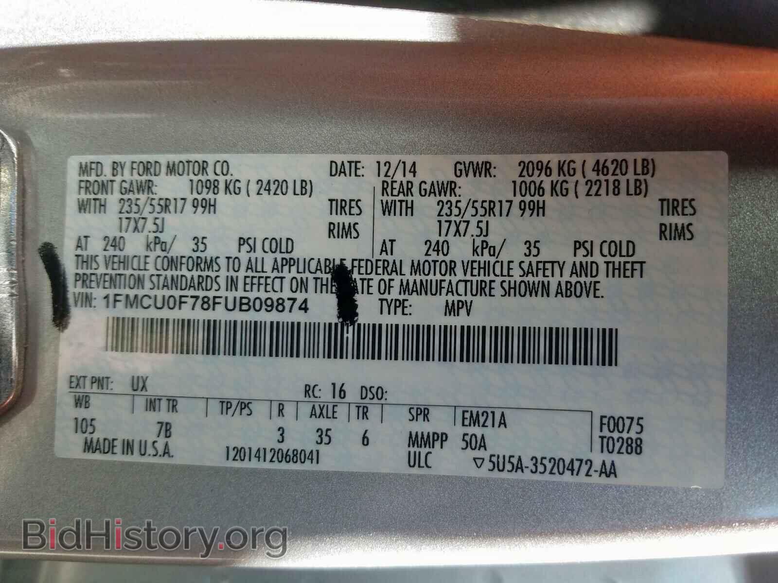 2015 FORD ESCAPE - VIN: 1FMCU0F78FUB09874 - Фото 10