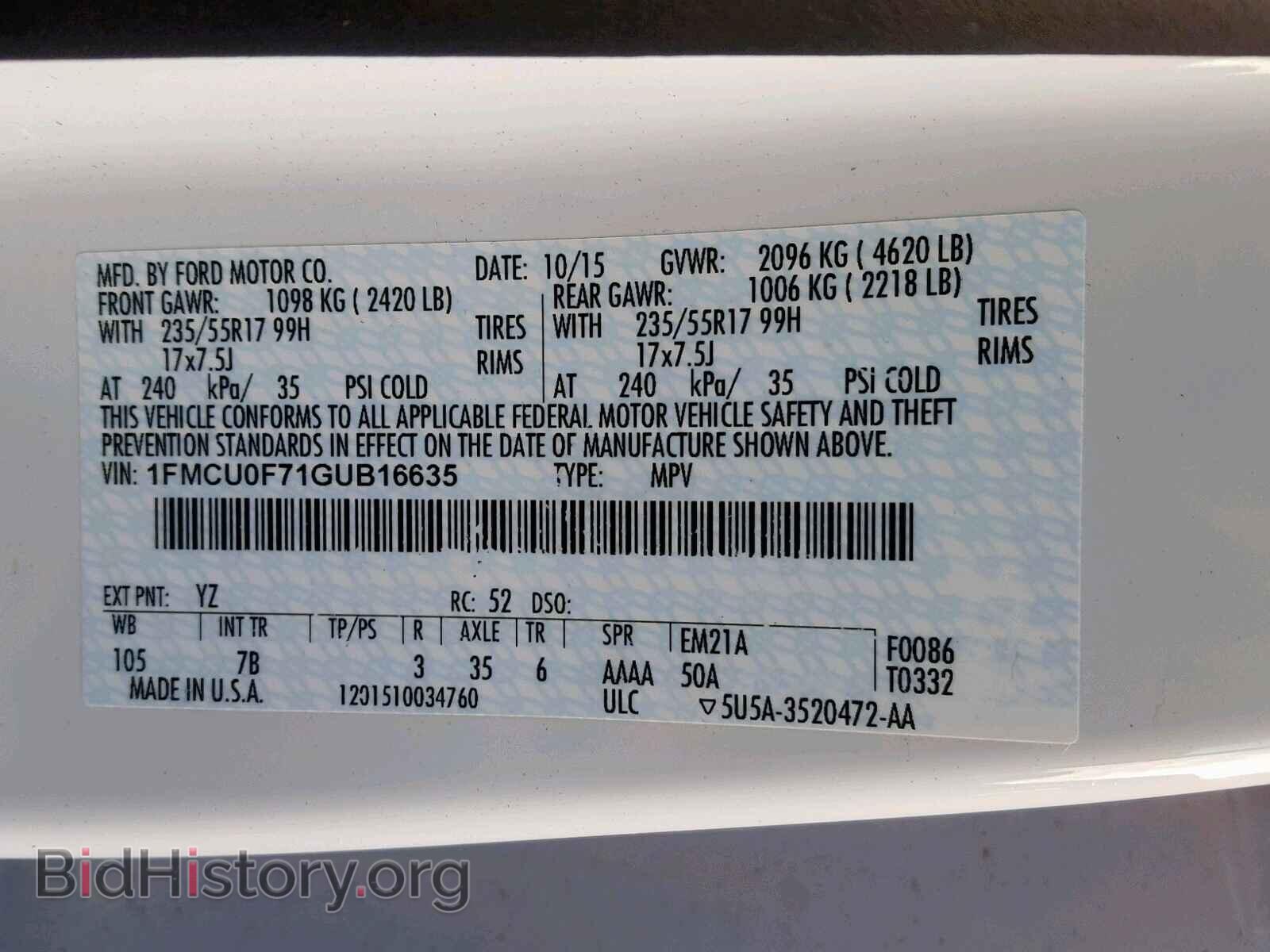 2016 FORD ESCAPE S - VIN: 1FMCU0F71GUB16635 - Фото 10