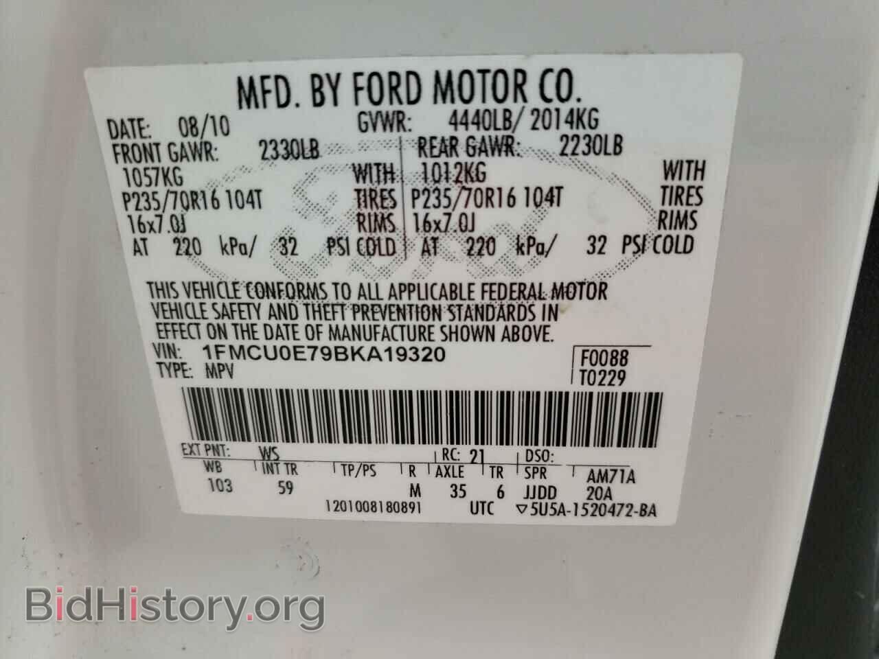 2011 FORD ESCAPE - VIN: 1FMCU0E79BKA19320 - Фото 10