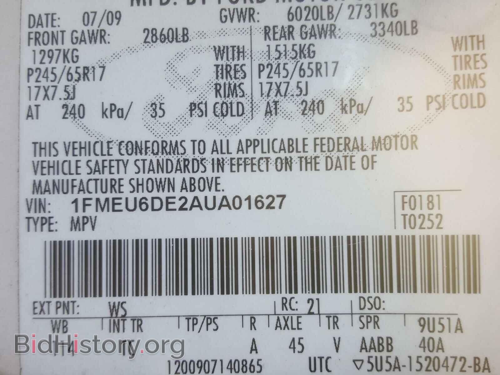 2010 FORD EXPLORER - VIN: 1FMEU6DE2AUA01627 - Photo 10