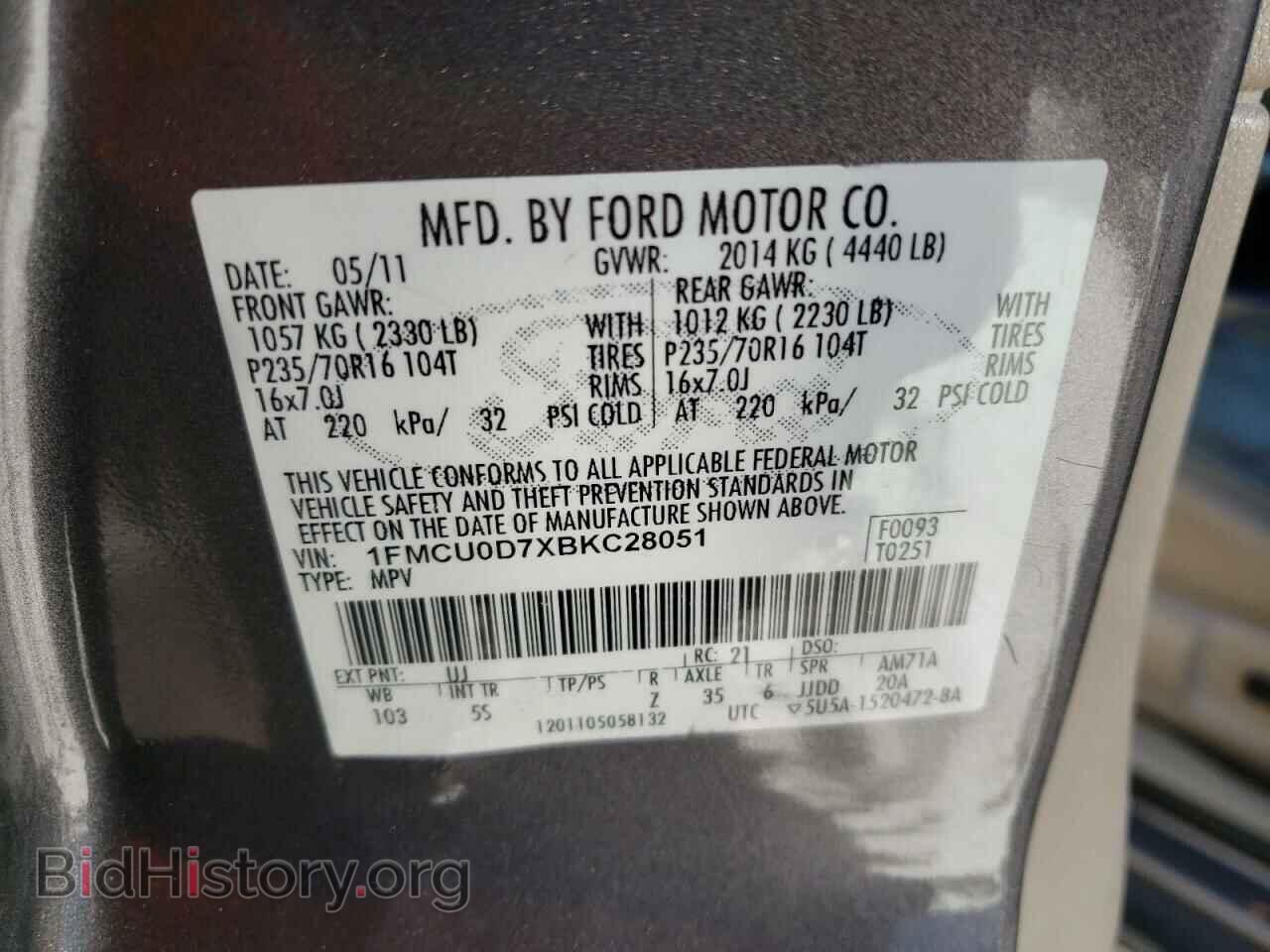 2011 FORD ESCAPE - VIN: 1FMCU0D7XBKC28051 - Фото 10