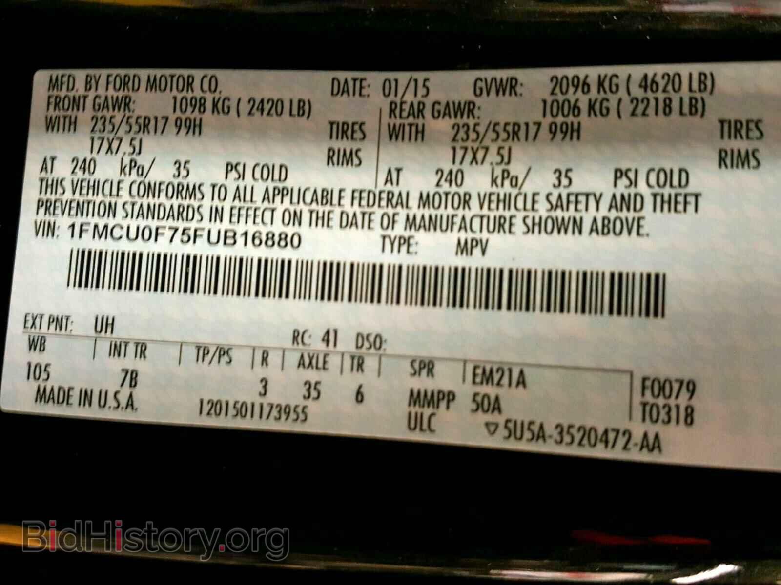 2015 FORD ESCAPE - VIN: 1FMCU0F75FUB16880 - Фото 10