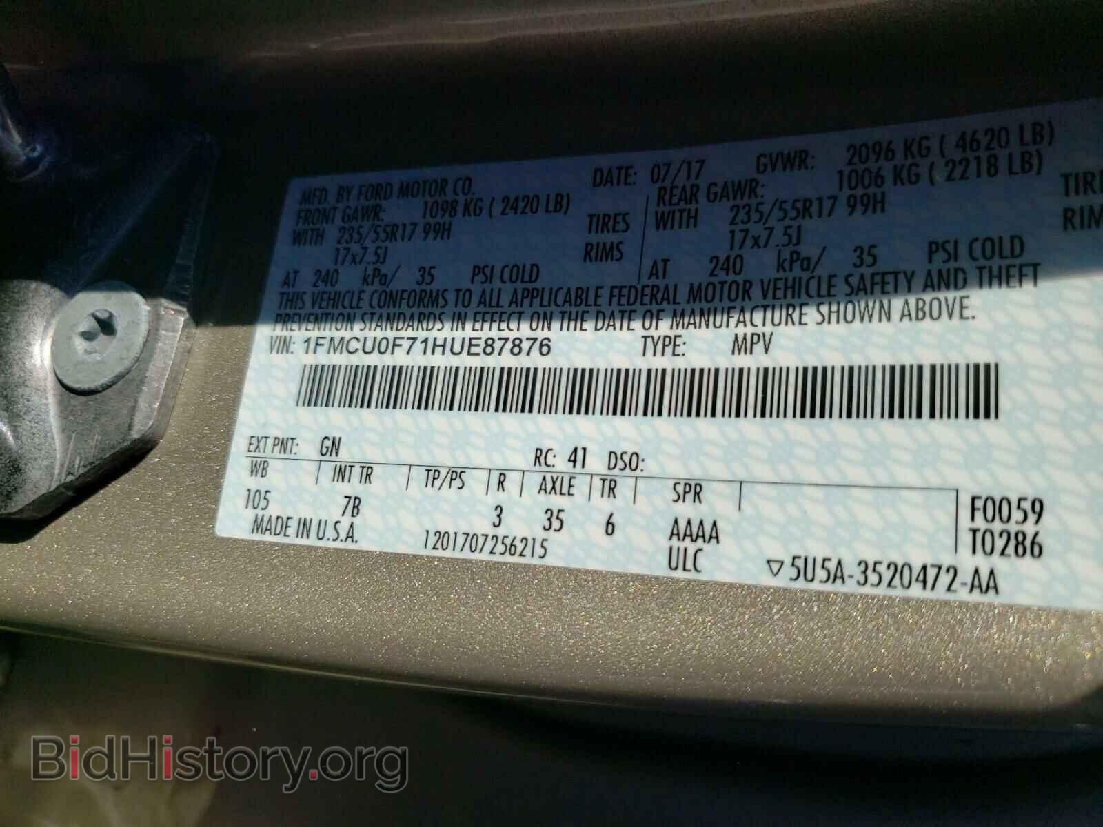 2017 FORD ESCAPE - VIN: 1FMCU0F71HUE87876 - Фото 10
