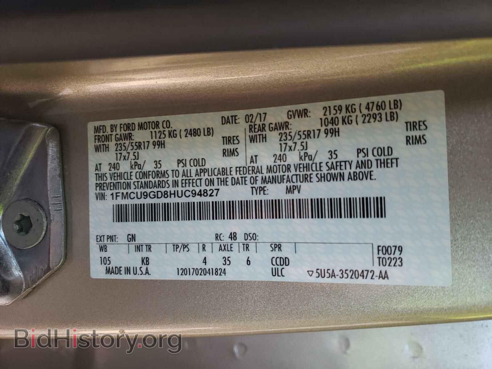2017 FORD ESCAPE - VIN: 1FMCU9GD8HUC94827 - Фото 10