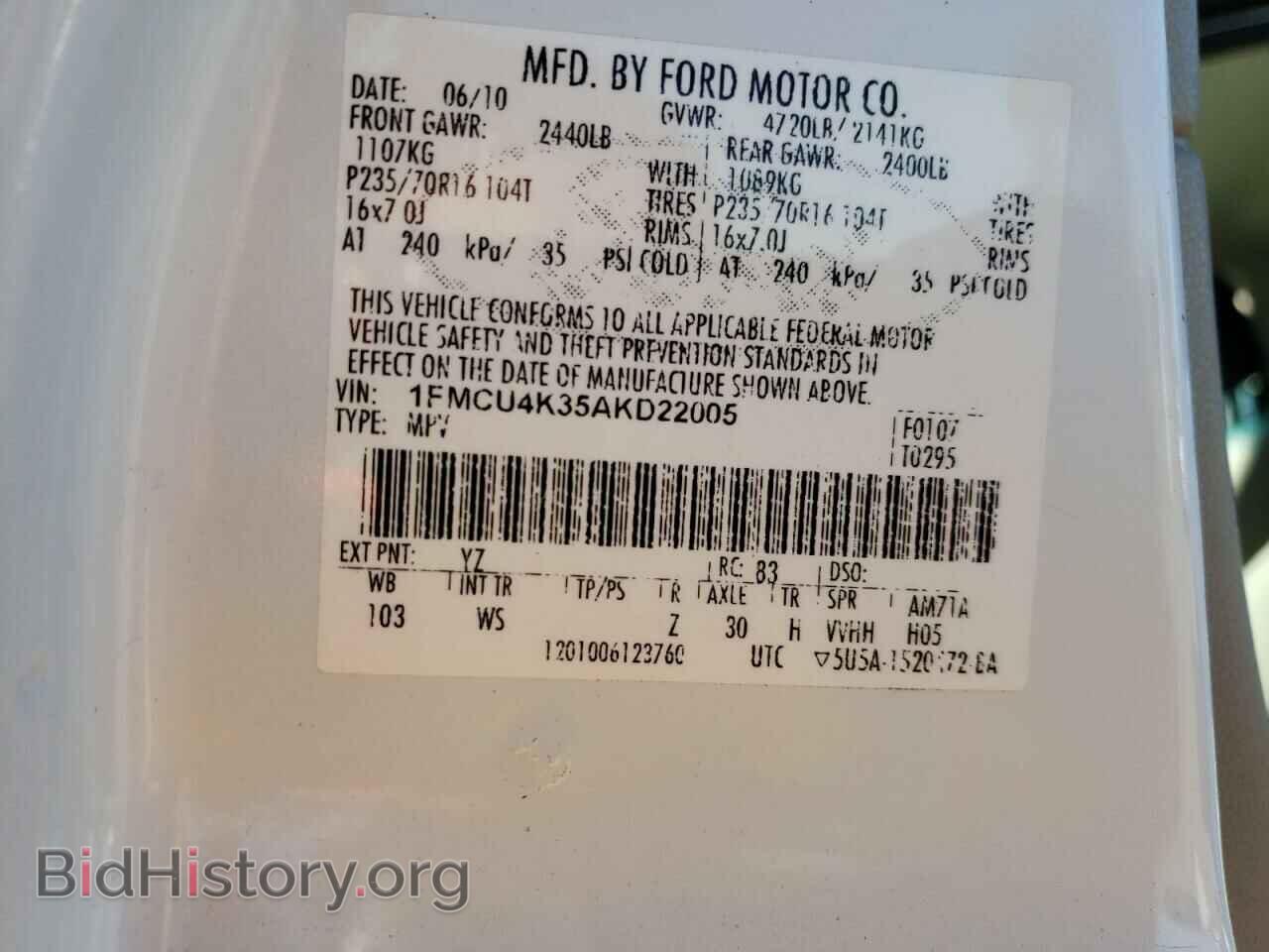 2010 FORD ESCAPE - VIN: 1FMCU4K35AKD22005 - Фото 10
