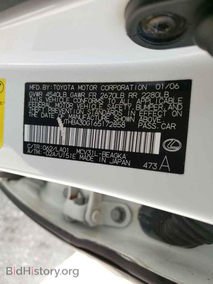 2006 LEXUS ES330 - VIN: JTHBA30G165172858 - Фото 10