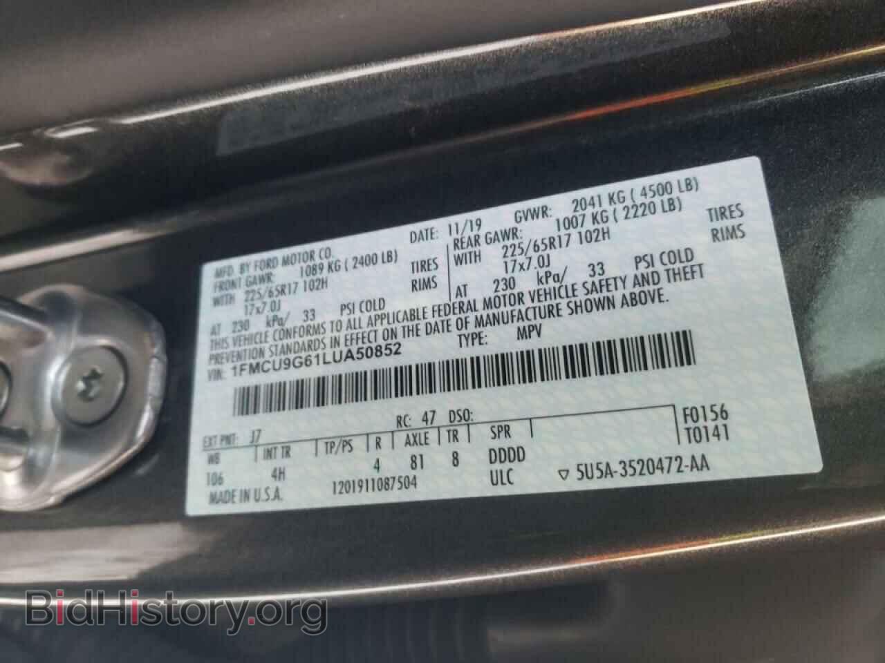 2020 FORD ESCAPE - VIN: 1FMCU9G61LUA50852 - Фото 10