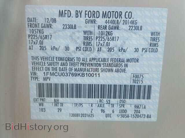 2009 FORD ESCAPE - VIN: 1FMCU03769KB10011 - Фото 10