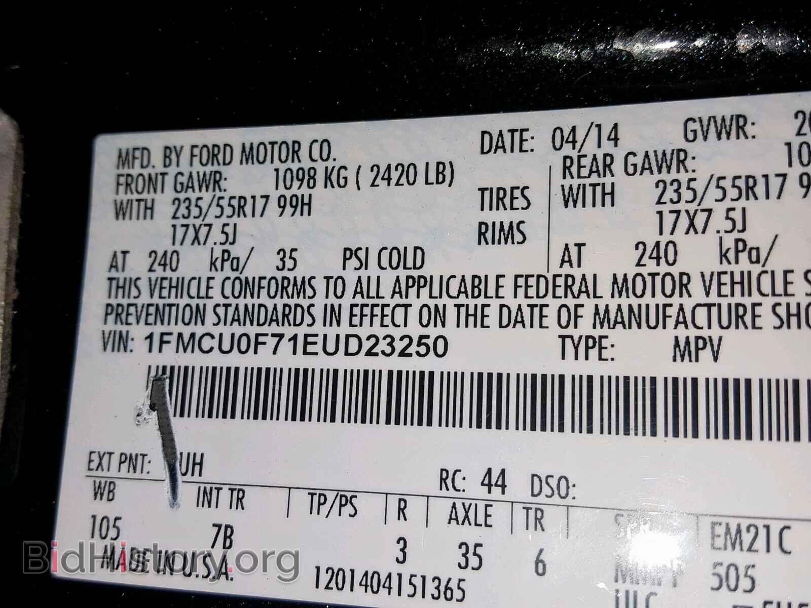 2014 FORD ESCAPE S - VIN: 1FMCU0F71EUD23250 - Фото 10