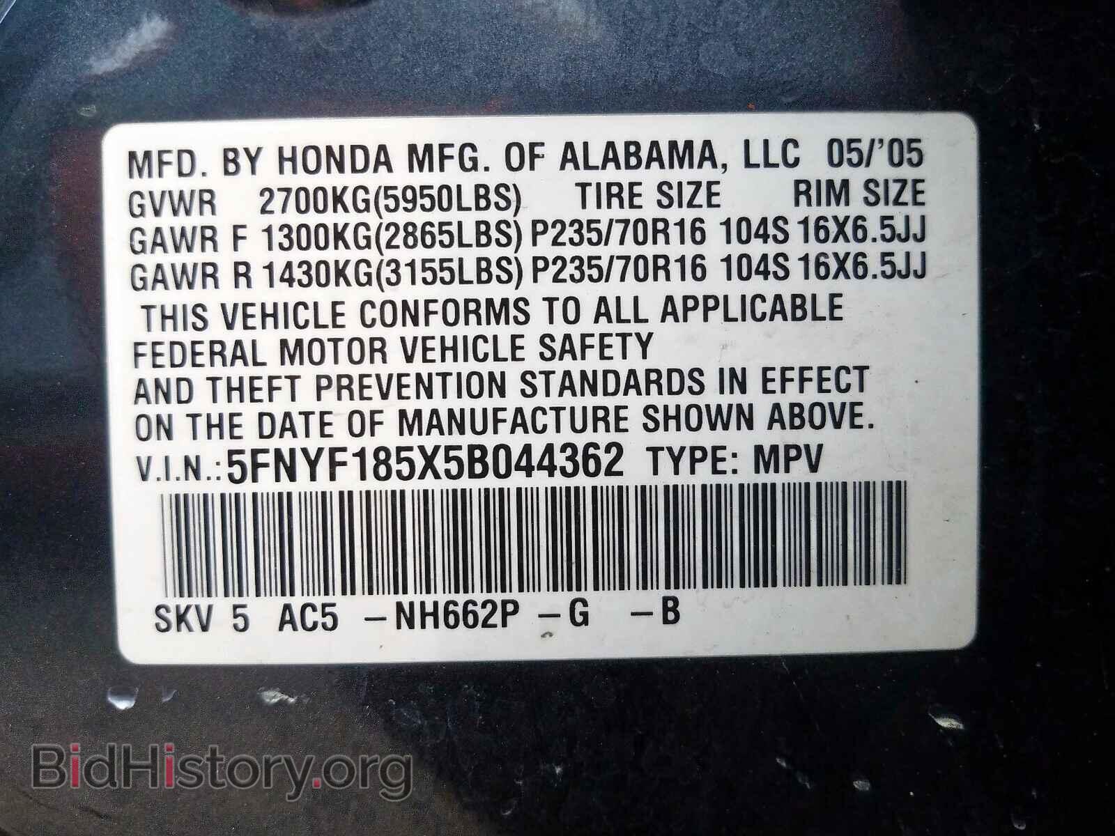 2005 HONDA PILOT - VIN: 5FNYF185X5B044362 - Фото 10