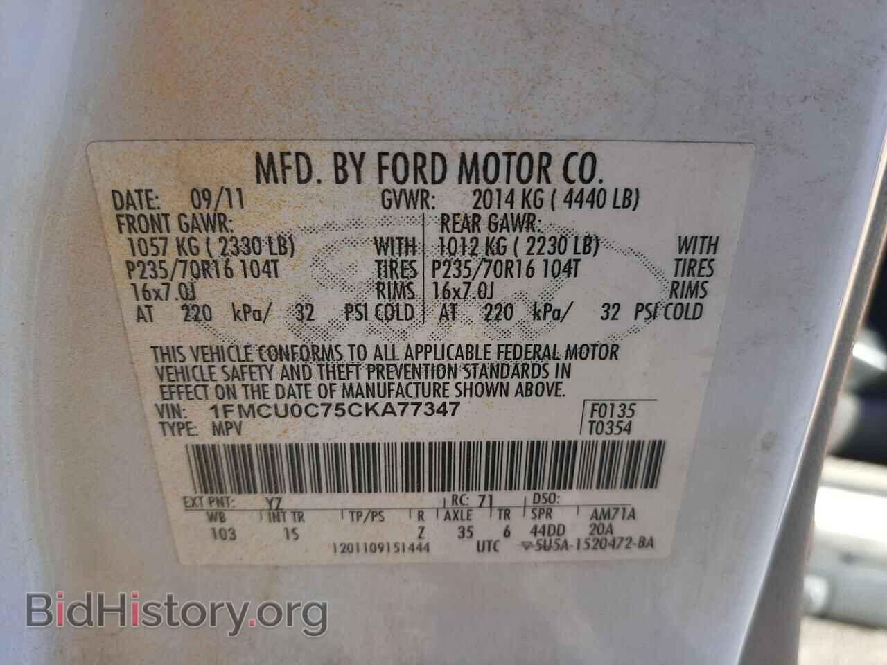 2012 FORD ESCAPE - VIN: 1FMCU0C75CKA77347 - Фото 10