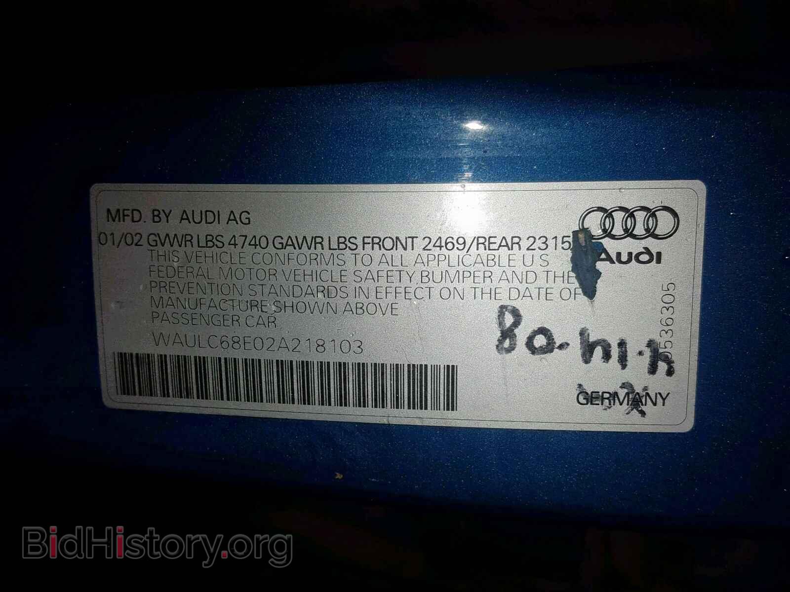 2002 AUDI A4 - VIN: WAULC68E02A218103 - Фото 10
