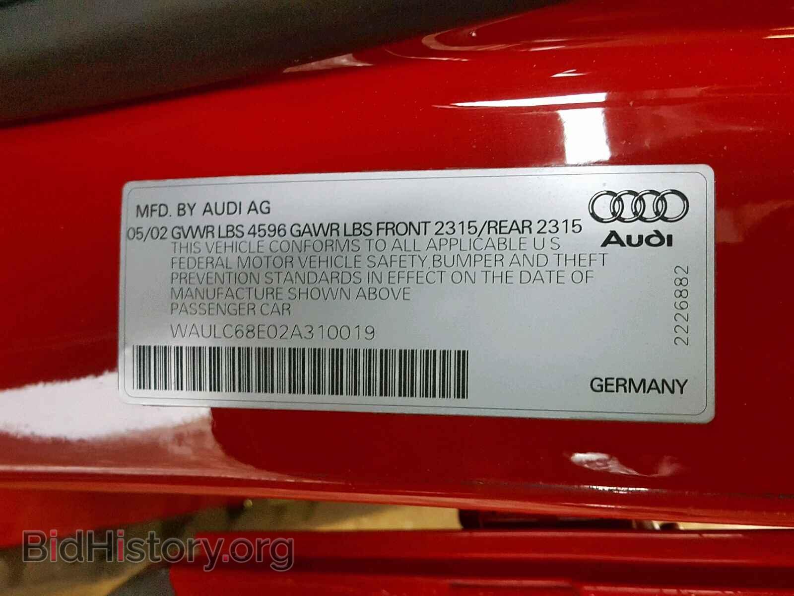 2002 AUDI A4 - VIN: WAULC68E02A310019 - Фото 10