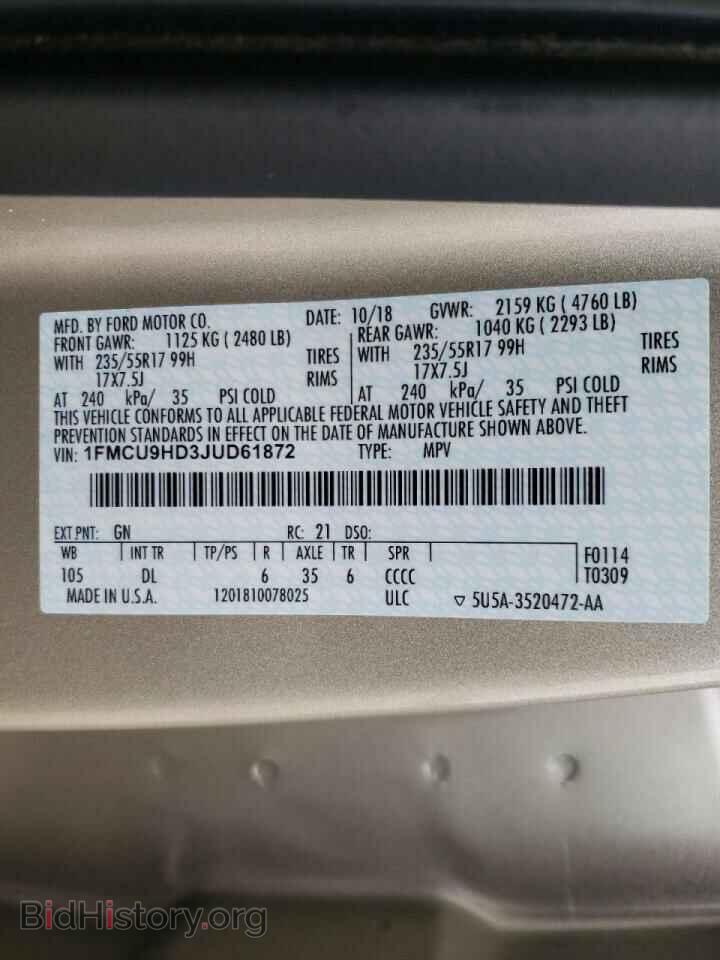 2018 FORD ESCAPE - VIN: 1FMCU9HD3JUD61872 - Фото 10