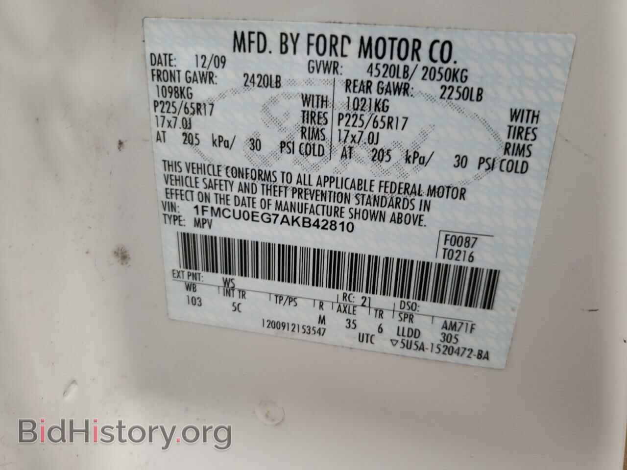 2010 FORD ESCAPE - VIN: 1FMCU0EG7AKB42810 - Фото 10