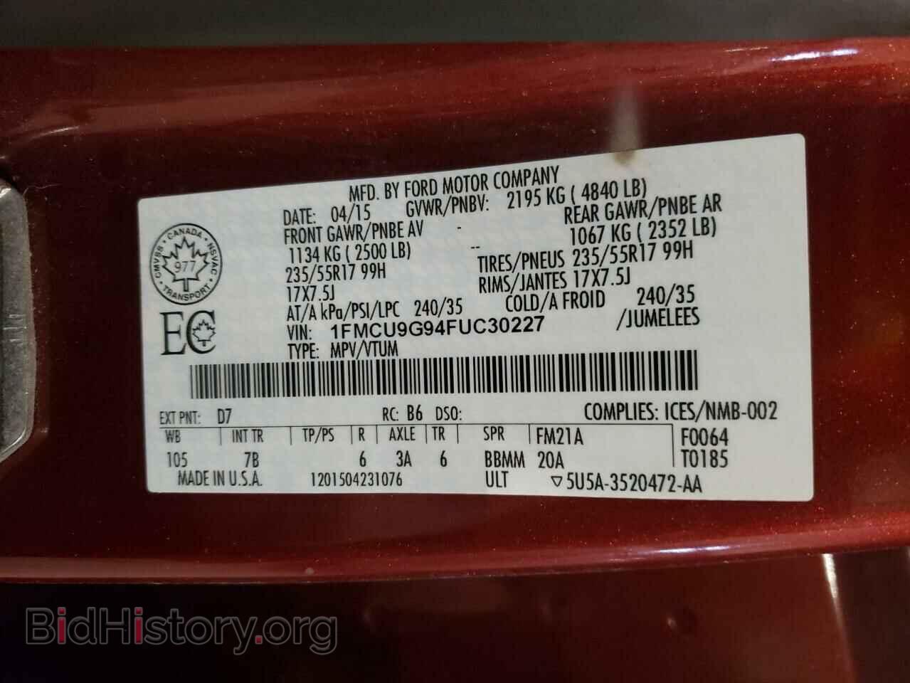 2015 FORD ESCAPE - VIN: 1FMCU9G94FUC30227 - Фото 10