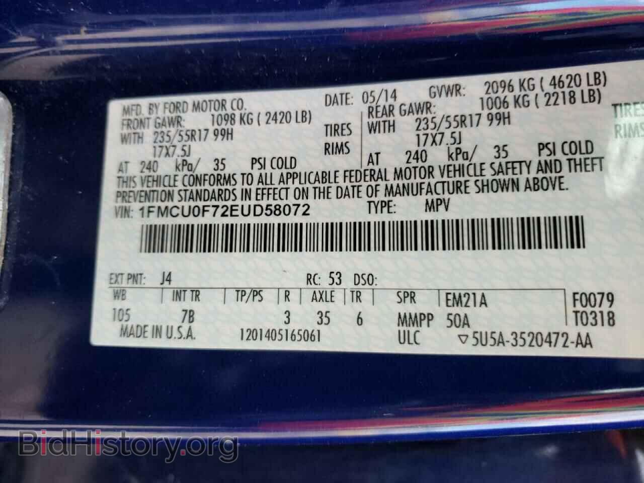 2014 FORD ESCAPE - VIN: 1FMCU0F72EUD58072 - Фото 10