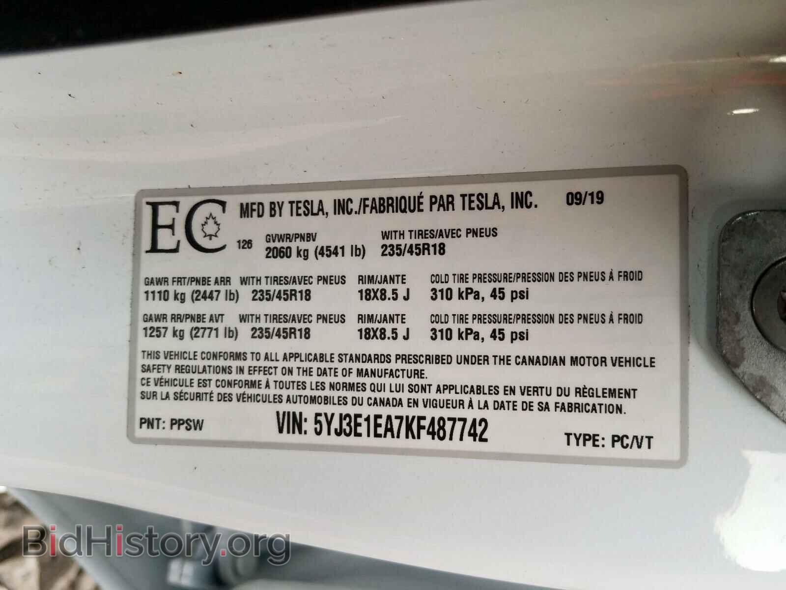 2019 TESLA MODEL 3 - VIN: 5YJ3E1EA7KF487742 - Фото 10