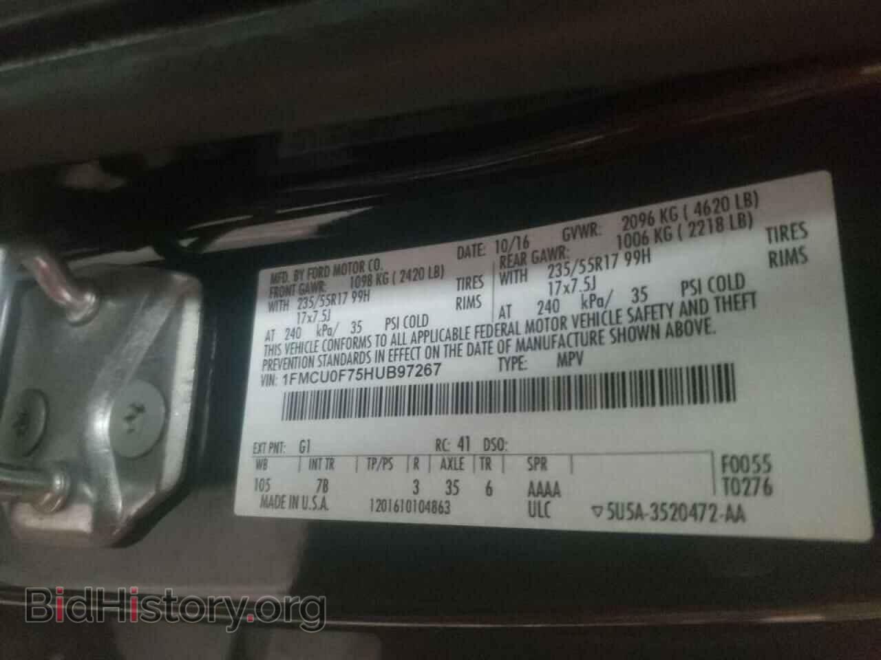 2017 FORD ESCAPE - VIN: 1FMCU0F75HUB97267 - Фото 10