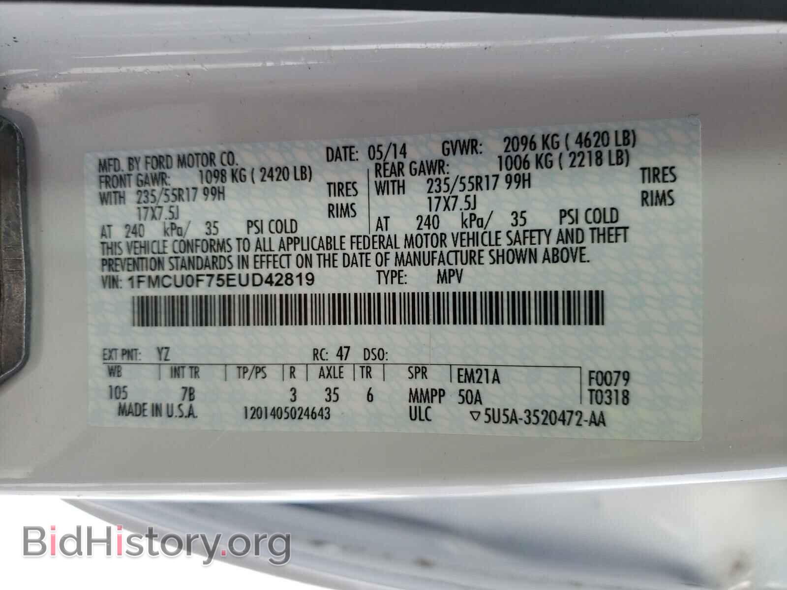 2014 FORD ESCAPE - VIN: 1FMCU0F75EUD42819 - Фото 10