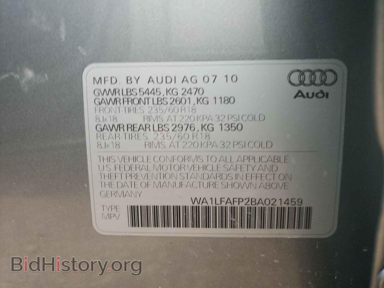2011 AUDI Q5 - VIN: WA1LFAFP2BA021459 - Фото 10