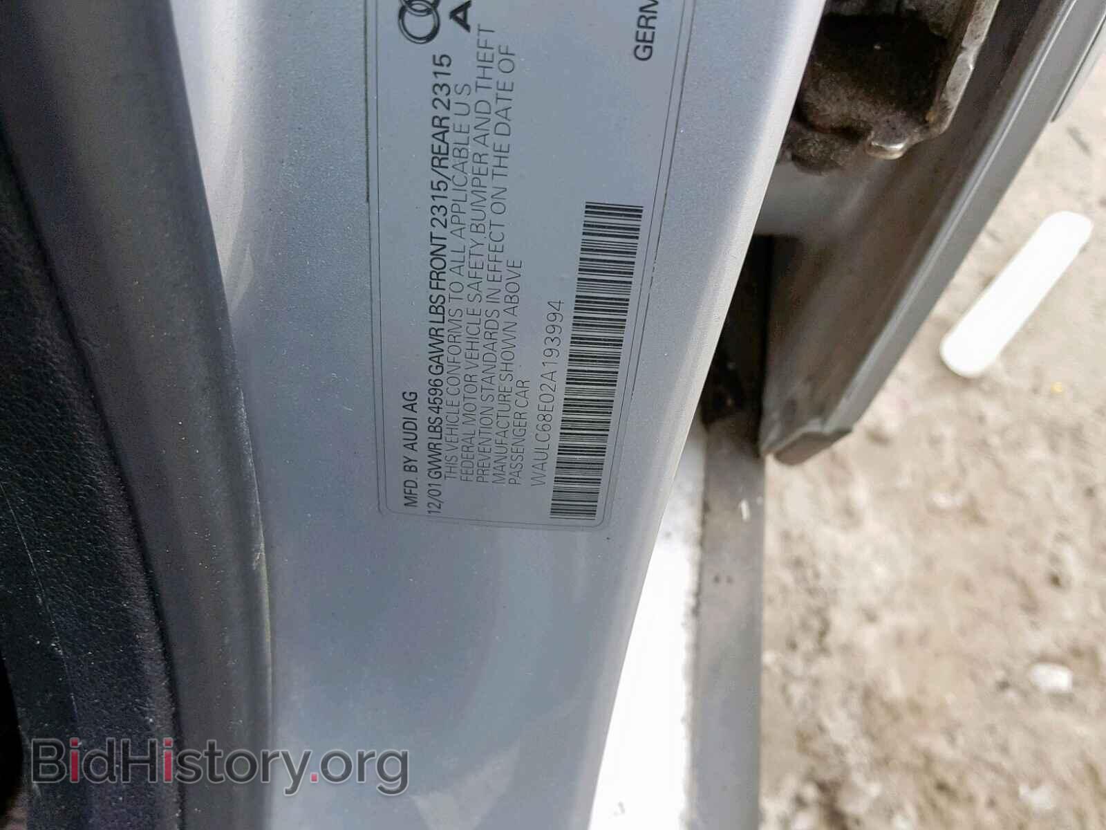 2002 AUDI A4 - VIN: WAULC68E02A193994 - Фото 10