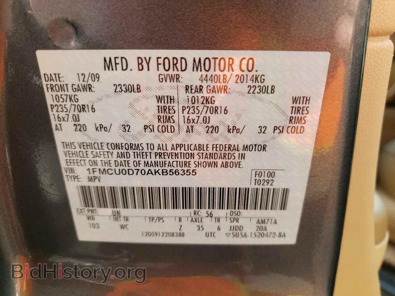 2010 FORD ESCAPE - VIN: 1FMCU0D70AKB56355 - Фото 10
