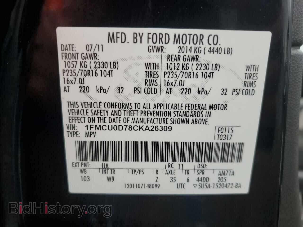 2012 FORD ESCAPE - VIN: 1FMCU0D78CKA26309 - Фото 13