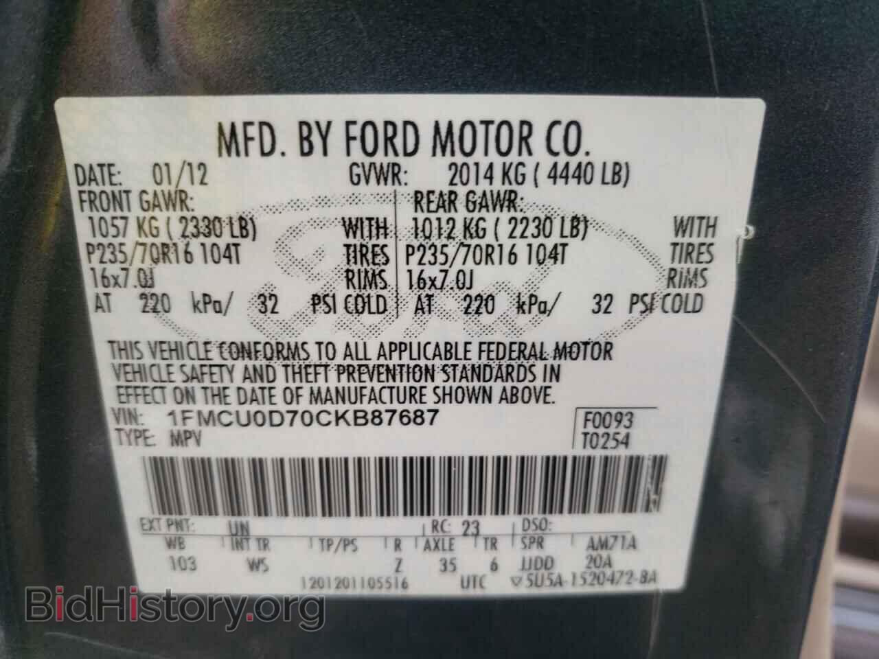 2012 FORD ESCAPE - VIN: 1FMCU0D70CKB87687 - Фото 10