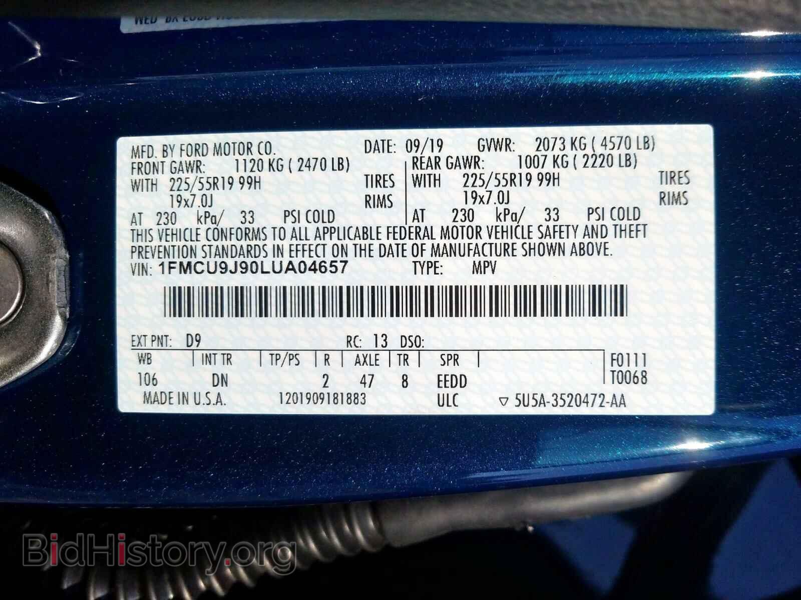 2020 FORD ESCAPE - VIN: 1FMCU9J90LUA04657 - Фото 10