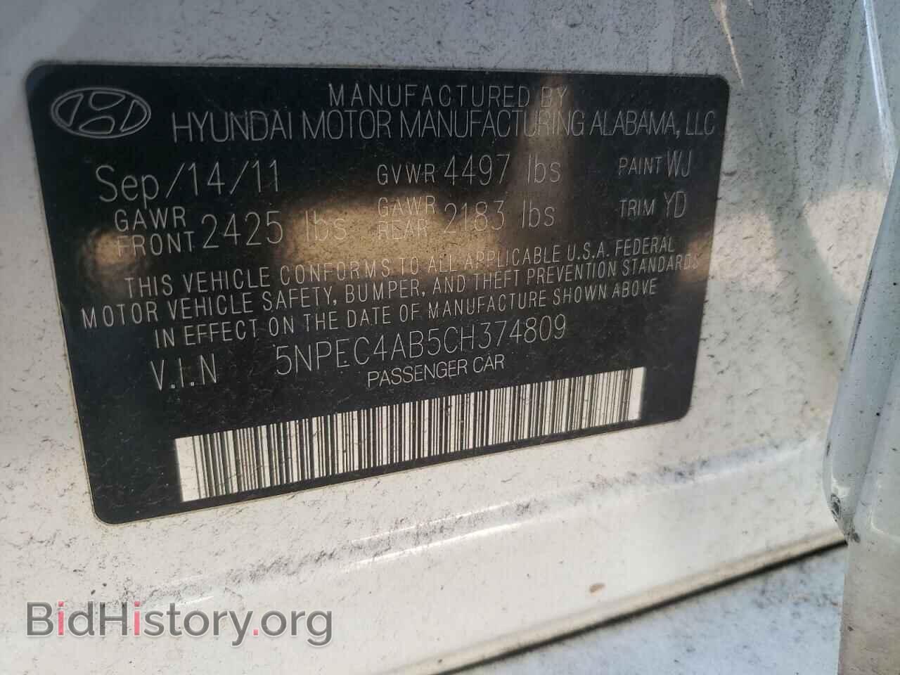 2012 HYUNDAI SONATA - VIN: 5NPEC4AB5CH374809 - Фото 12