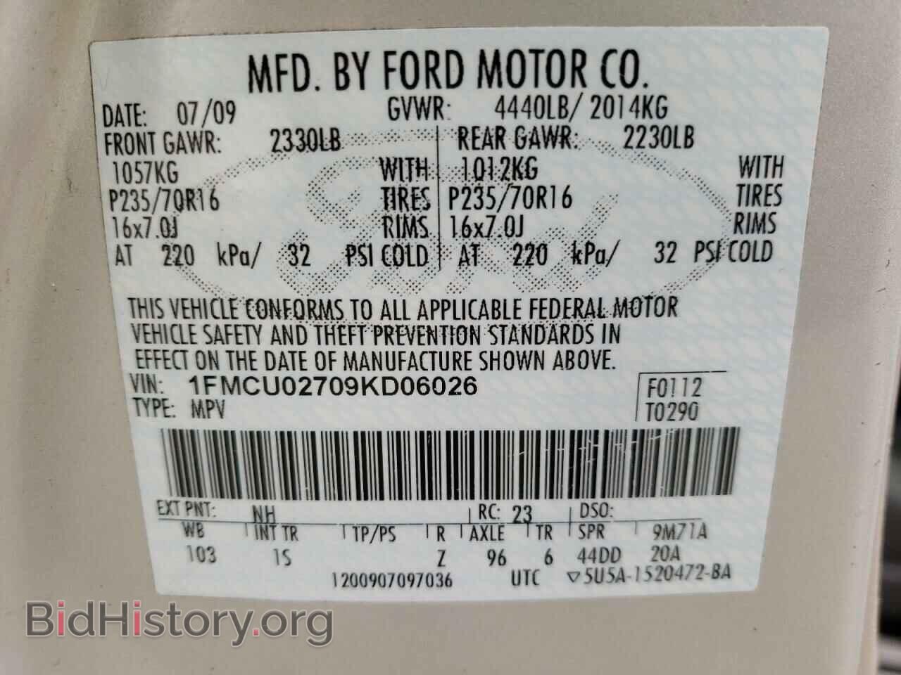 2009 FORD ESCAPE - VIN: 1FMCU02709KD06026 - Фото 10