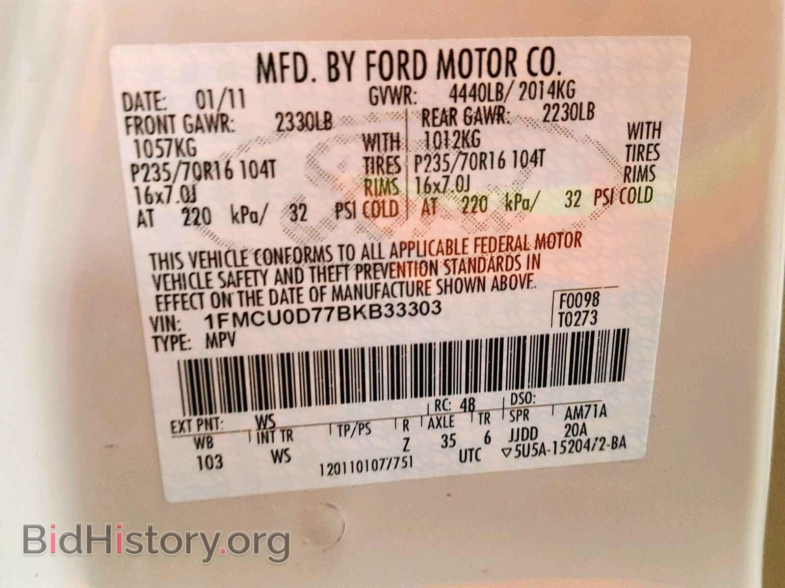 2011 FORD ESCAPE - VIN: 1FMCU0D77BKB33303 - Фото 10