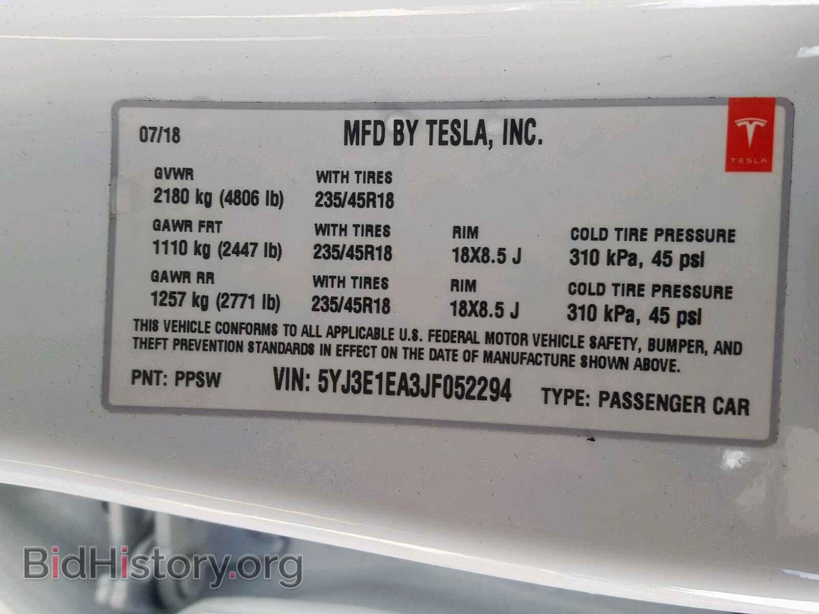 2018 TESLA MODEL 3 - VIN: 5YJ3E1EA3JF052294 - Фото 10