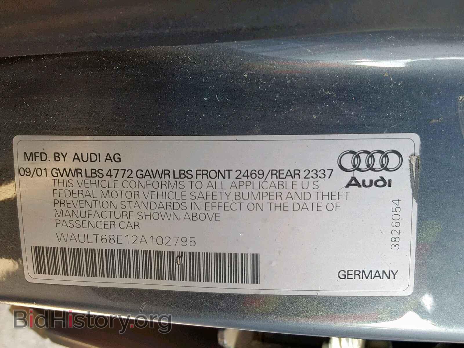 2002 AUDI A4 - VIN: WAULT68E12A102795 - Фото 10
