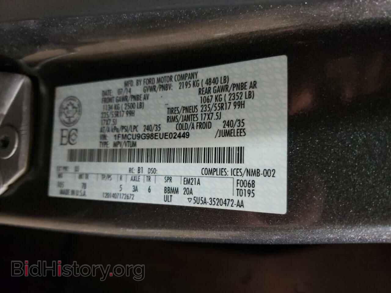 2014 FORD ESCAPE - VIN: 1FMCU9G98EUE02449 - Photo 10