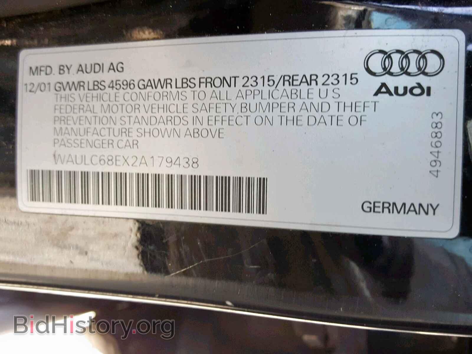 2002 AUDI A4 - VIN: WAULC68EX2A179438 - Фото 10
