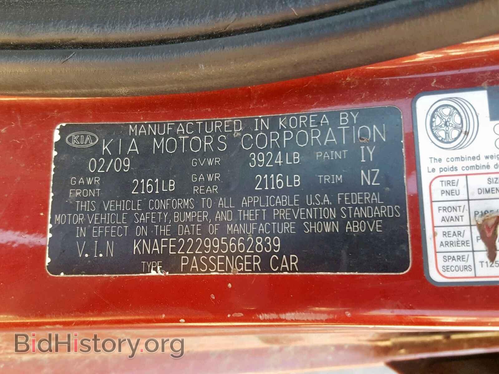 2009 KIA SPECTRA EX - VIN: KNAFE222995662839 - Фото 10