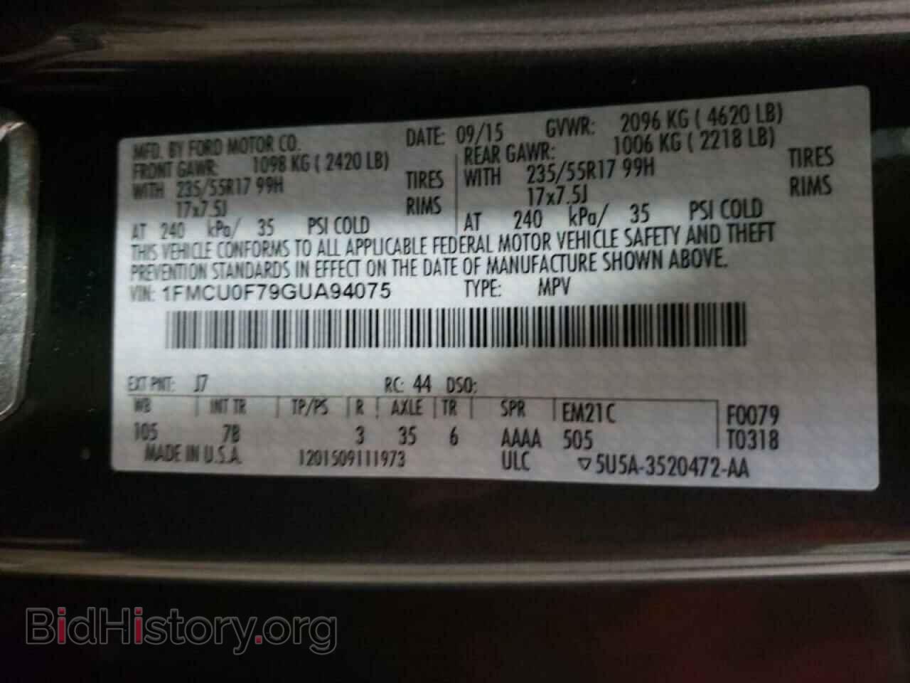 2016 FORD ESCAPE - VIN: 1FMCU0F79GUA94075 - Фото 10
