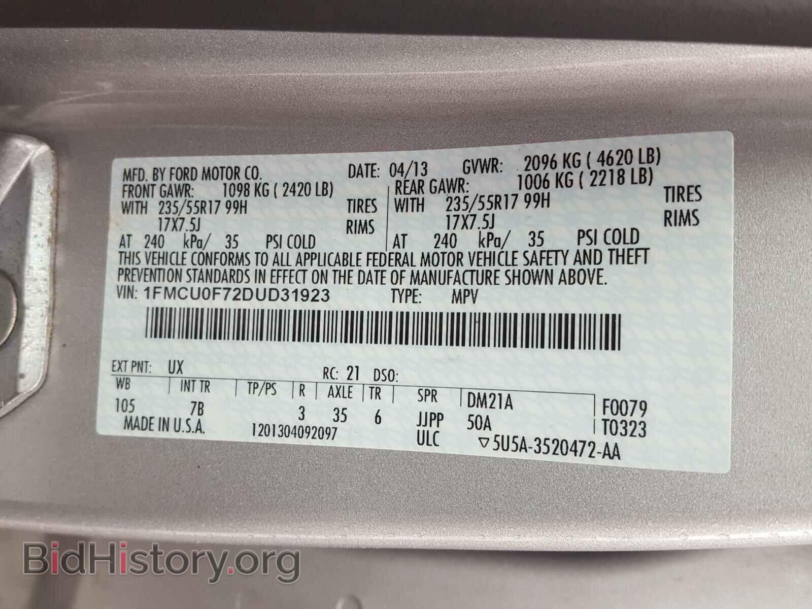 2013 FORD ESCAPE - VIN: 1FMCU0F72DUD31923 - Фото 10
