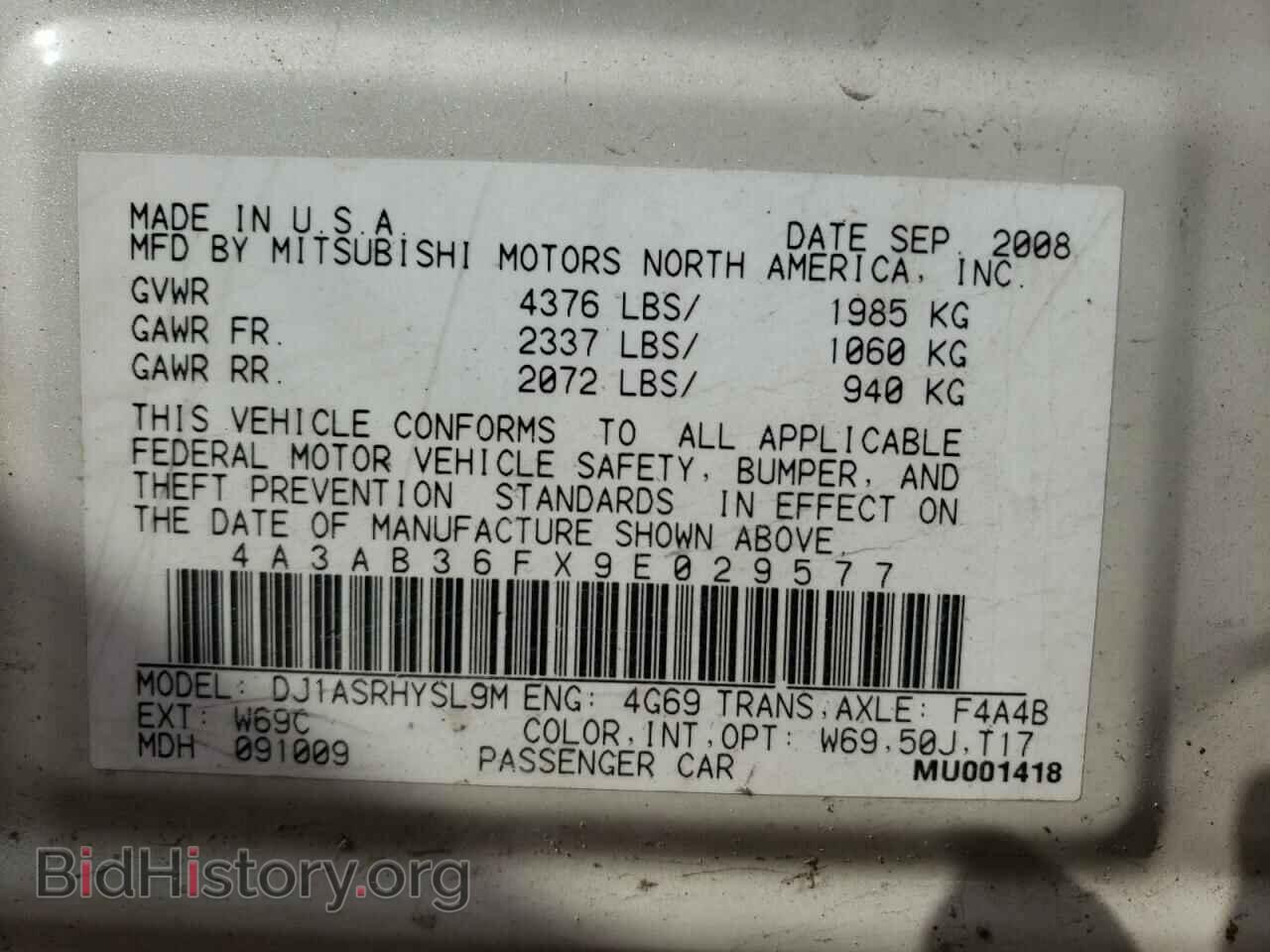 2009 MITSUBISHI GALANT - VIN: 4A3AB36FX9E029577 - Фото 10