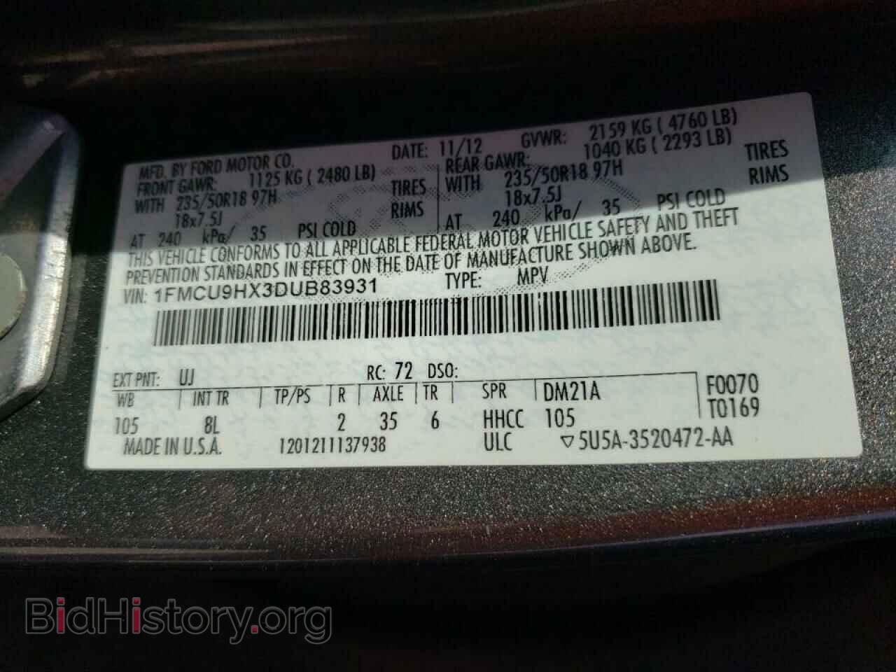2013 FORD ESCAPE - VIN: 1FMCU9HX3DUB83931 - Фото 10