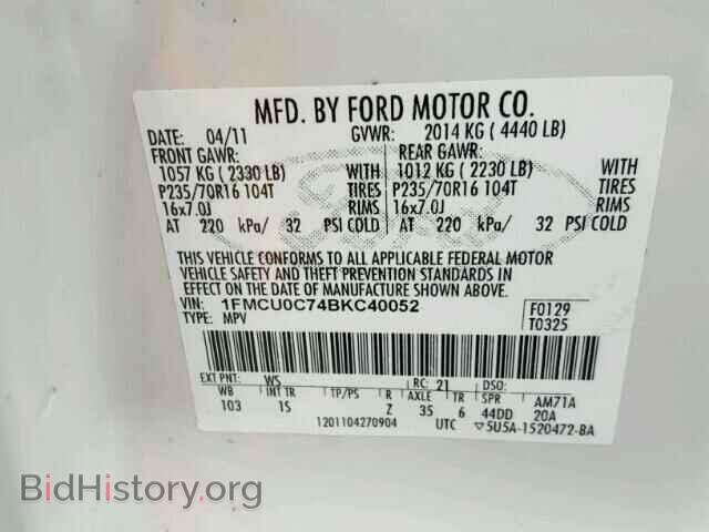 2011 FORD ESCAPE - VIN: 1FMCU0C74BKC40052 - Фото 10