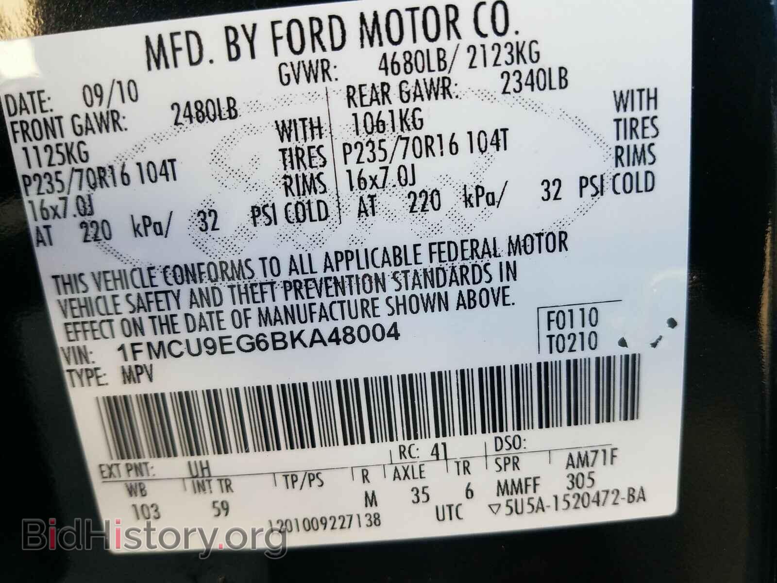 2011 FORD ESCAPE - VIN: 1FMCU9EG6BKA48004 - Фото 10