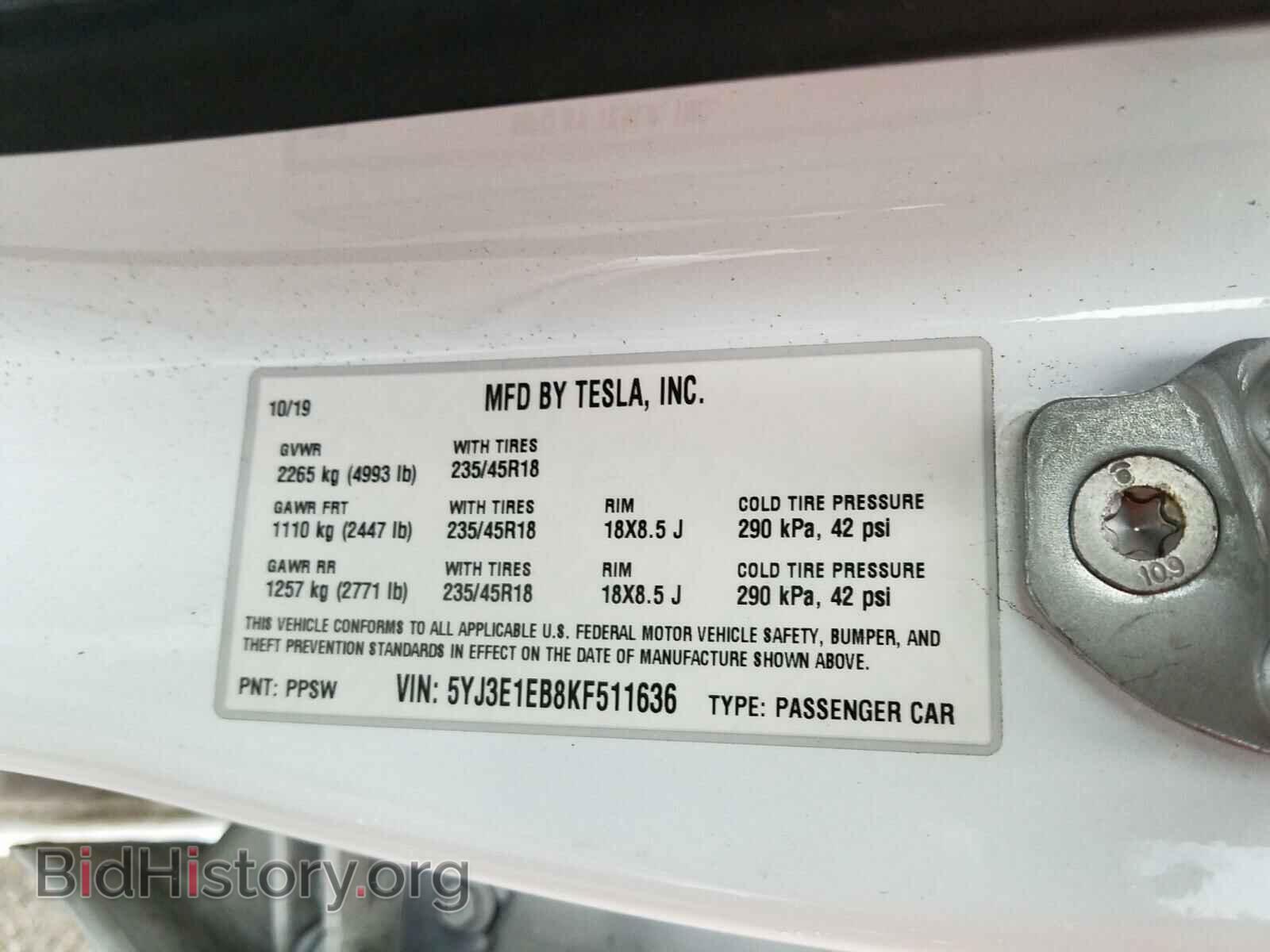 2019 TESLA MODEL 3 - VIN: 5YJ3E1EB8KF511636 - Фото 10